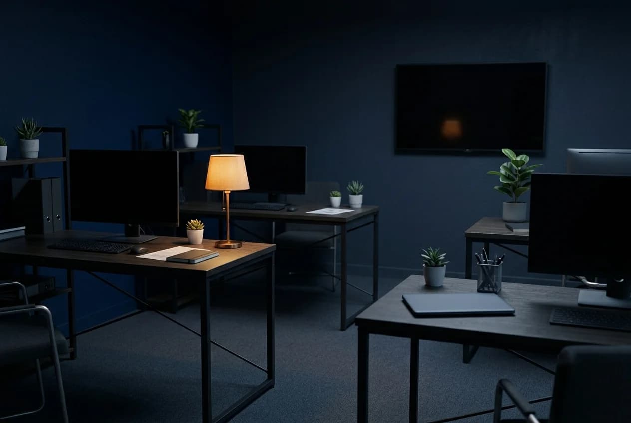 Empty small office in the evening, with desks, monitors, and a desk lamp