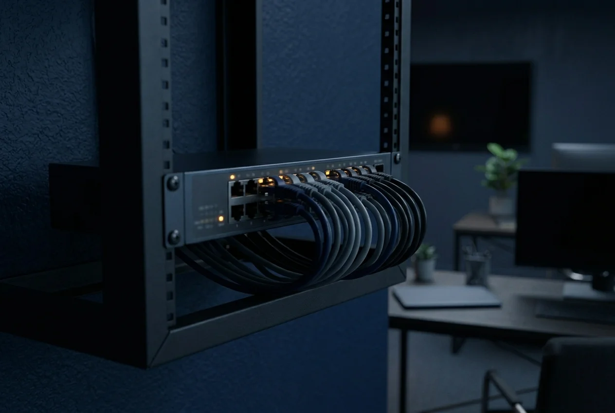 Network switch with neatly routed patch cables in a small office rack