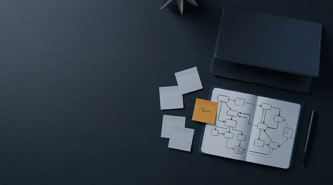 Notebook with a hand-drawn process flowchart next to a laptop