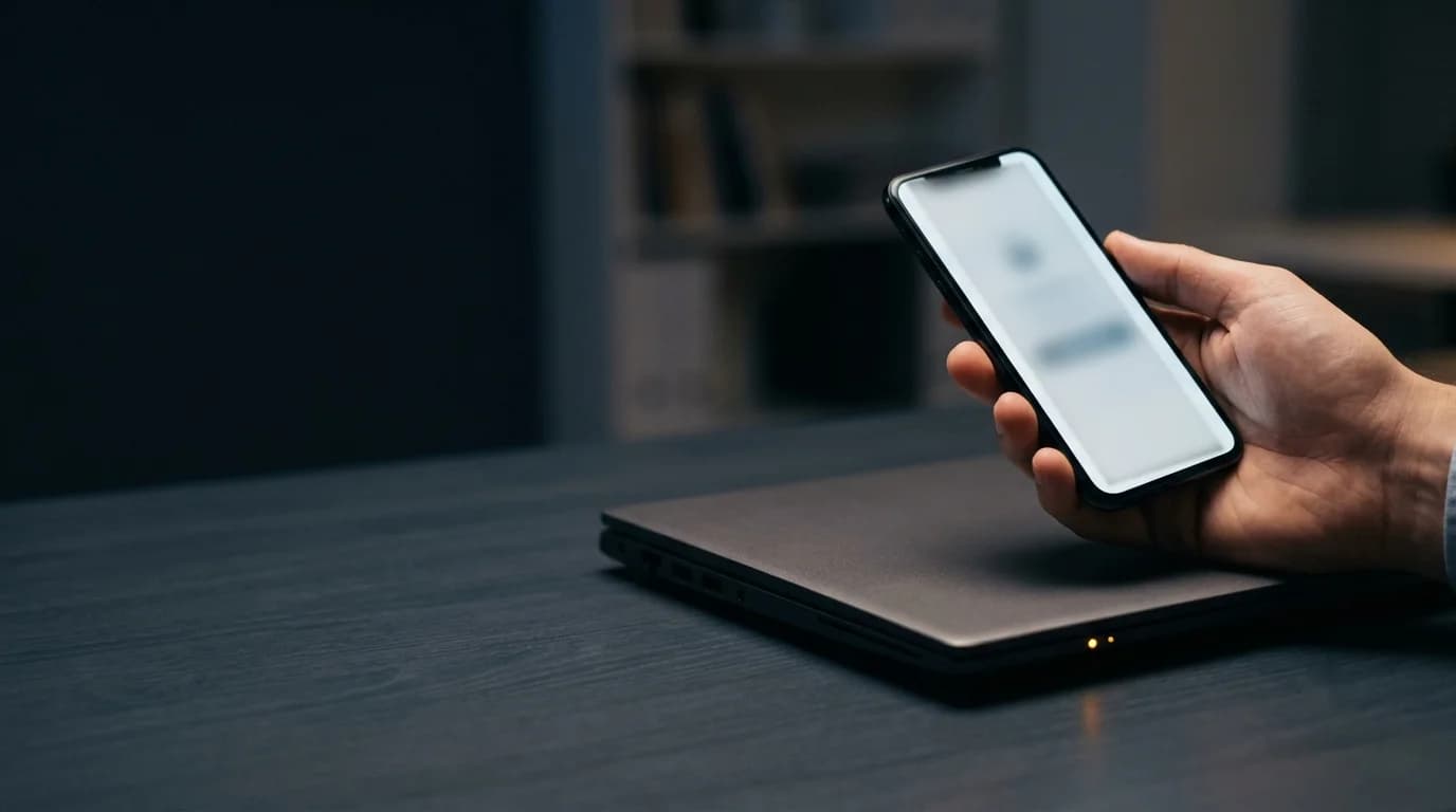 Hand holding a smartphone showing a sign-in approval prompt beside a closed laptop