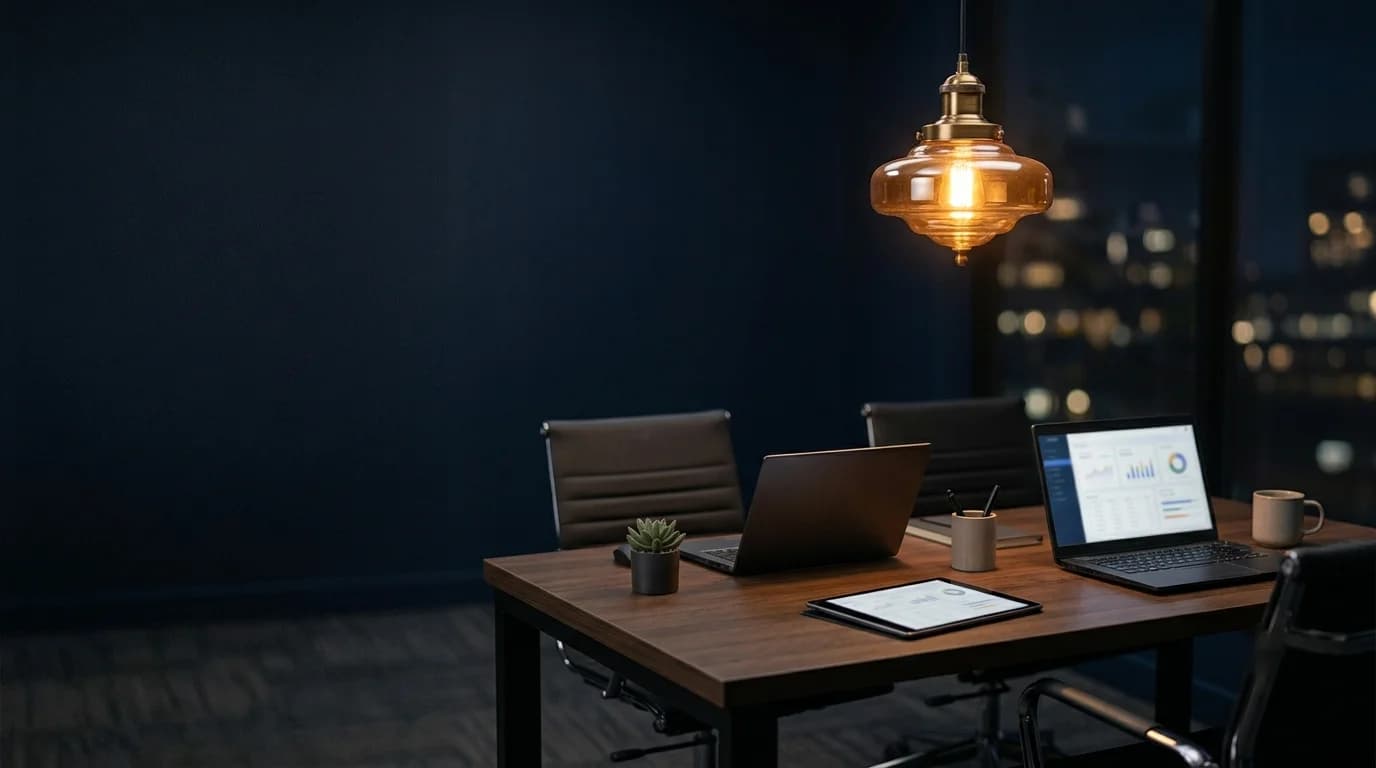 Meeting table with laptops and a tablet under a pendant lamp