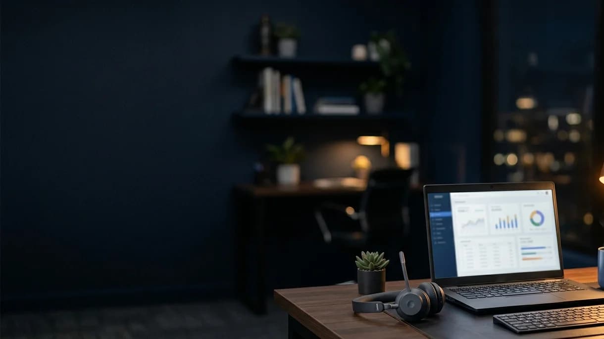 Laptop and headset on a desk in a dim office