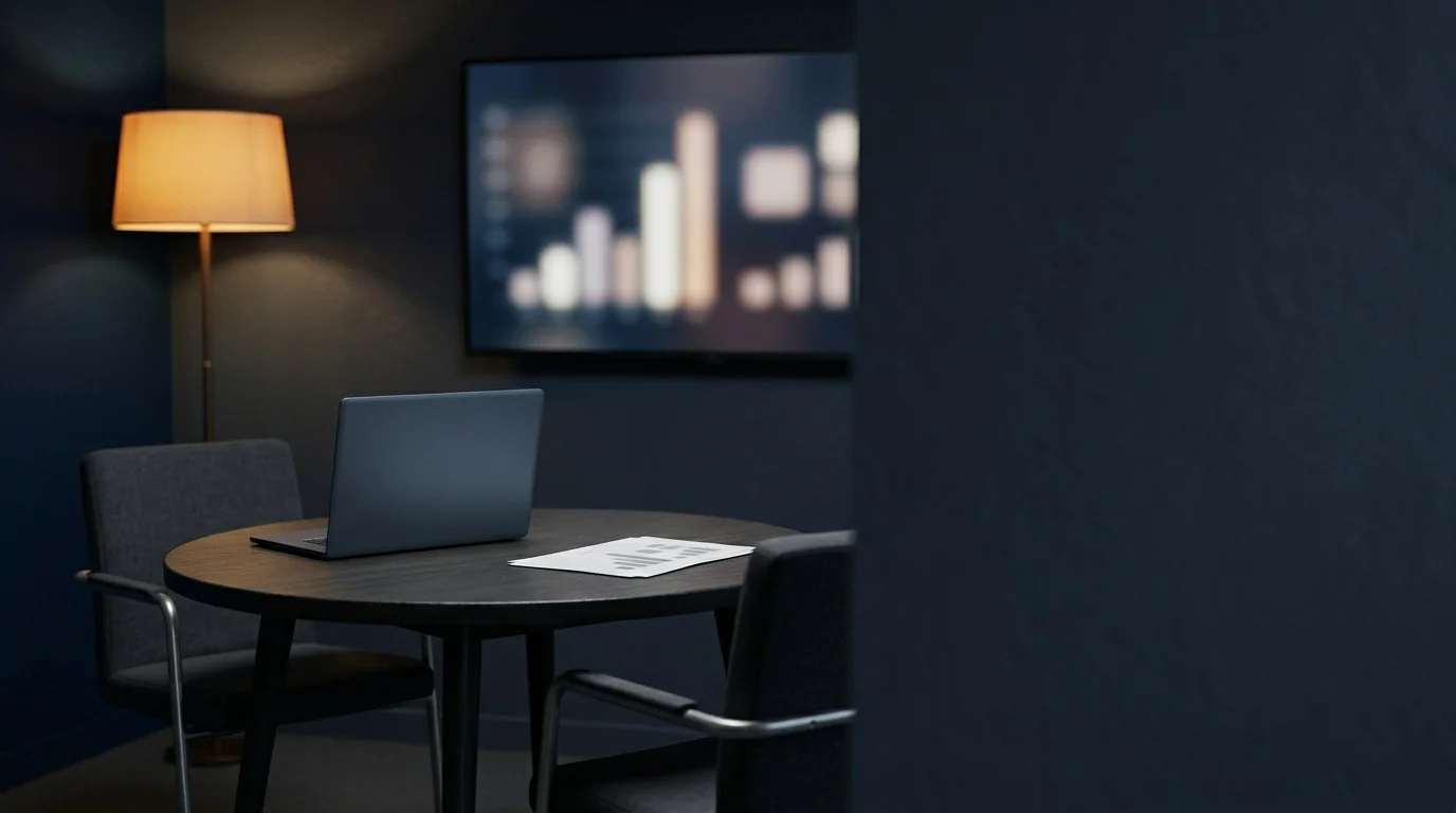 Small meeting table with a laptop and printed report beside a wall display