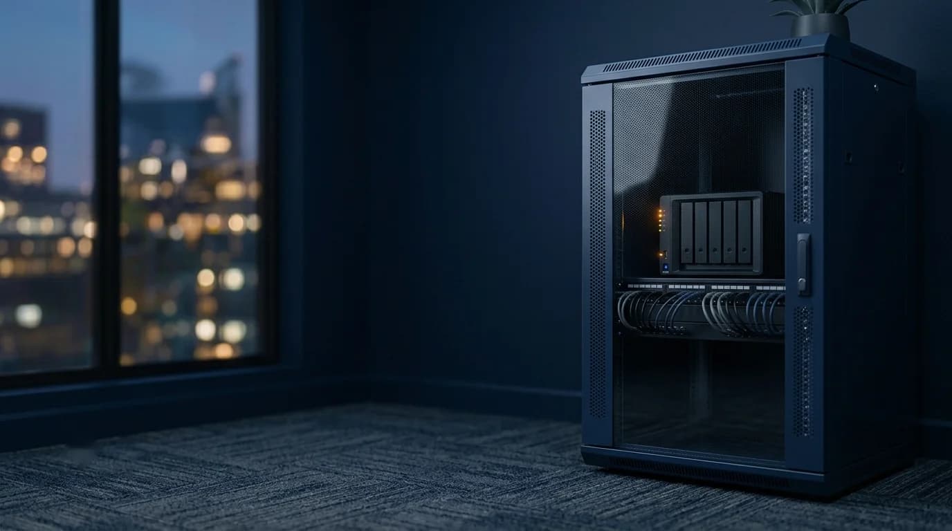 Server cabinet with a backup storage unit in a dark office
